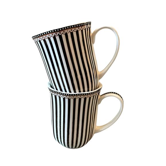 Grace Teaware Porcelain Coffee Mug Set of 2 Black & White Stripe Gold Accent New - Picture 14 of 16